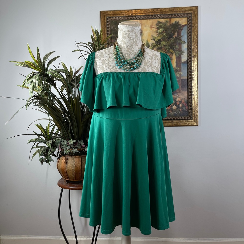 Rosianna Dress Womens XL Green Polyester Spandex Ruffle Off Shoulder Skater